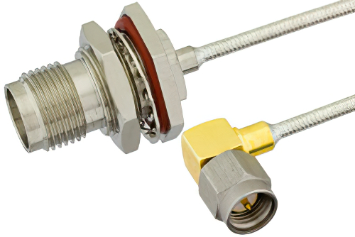 TNC Female Bulkhead To SMA Male Right Angle Cable Using PE SR405FL Coax