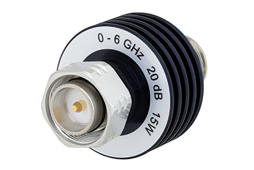 20 dB Fixed Attenuator, 4.3-10 Male to 4.3-10 Female Aluminum Body Rated to 15 Watts Up to 6 GHz