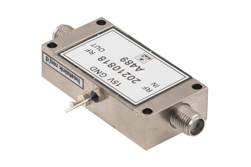 Temperature Compensated Low Noise Amplifier, 0.5 GHz to 4 GHz, 35 dB min Gain, P1dB 20 dBm, SMA