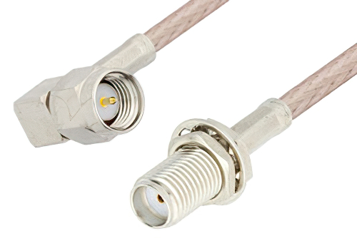 SMA Male Right Angle to SMA Female Bulkhead Cable Using 75 Ohm RG179 Coax, RoHS