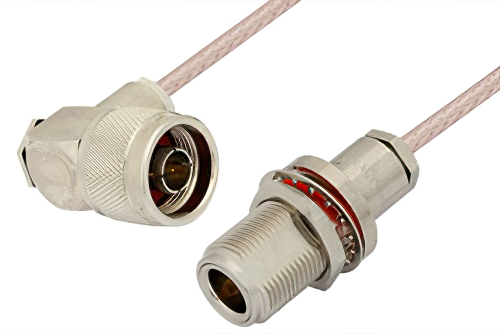 N Male Right Angle to N Female Bulkhead Cable Using RG316-DS Coax, RoHS