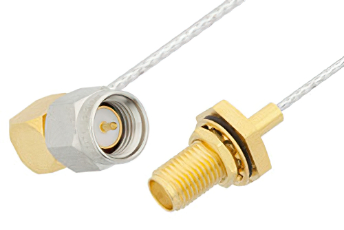 SMA Male Right Angle to SMA Female Bulkhead Cable Using PE-SR047FL Coax, RoHS