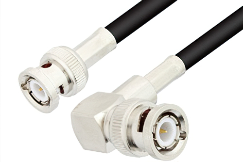 BNC Male to BNC Male Right Angle Cable Using 75 Ohm RG59 Coax, RoHS