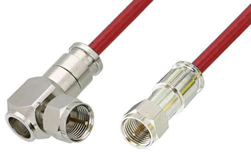 75 Ohm F Male to 75 Ohm F Male Right Angle Cable Using 75 Ohm PE-B159-RD Red Coax