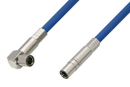 75 Ohm Mini SMB Plug to 75 Ohm Mini SMB Plug Right Angle Cable Using 75 Ohm PE-B159-BL Blue Coax