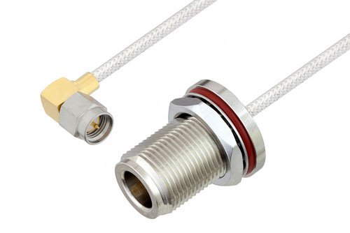 SMA Male Right Angle to N Female Bulkhead Cable Using PE-SR405FL Coax , LF Solder in 12 Inch