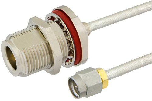SMA Male to N Female Bulkhead Semi-Flexible Precision Cable Using PE-SR402FL Coax, LF Solder, RoHS
