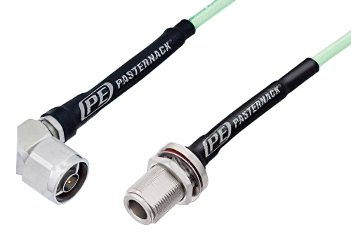 N Male Right Angle to N Female Bulkhead Low Loss Cable Using PE-P142LL Coax, RoHS