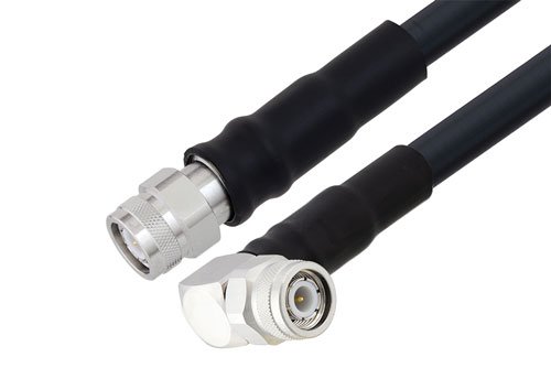 TNC Male Right Angle to TNC Male Low Loss Cable Using LMR-400-UF Coax With Times Microwave Components with HeatShrink, LF Solder