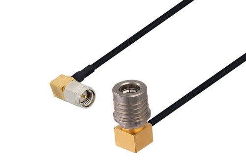 SMA Male Right Angle to QMA Male Right Angle Cable 6 Inch Length Using PE-SR405FLJ Coax with 180 Deg. Clock