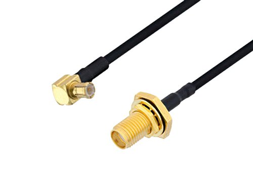 MCX Plug Right Angle to SMA Female Bulkhead Cable Using PE-SR405FLJ Coax , LF Solder
