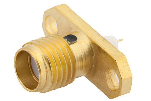 SMA Female Connector Solder Attachment 2 Hole Flange Stub Terminal, .481 inch Hole Spacing, .010 inch Diameter
