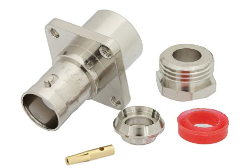 BNC Female Connector Clamp/Solder Attachment 4 Hole Flange Mount for RG58, RG142, RG223, RG400, RG141, .500 inch Threaded Hole Spacing
