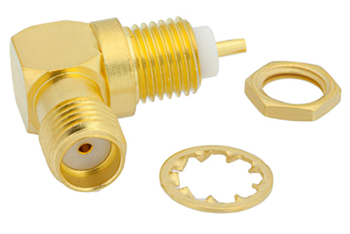 SMA Female Right Angle Bulkhead Mount Connector Solder Attachment Solder Cup Terminal, .235 inch D Hole