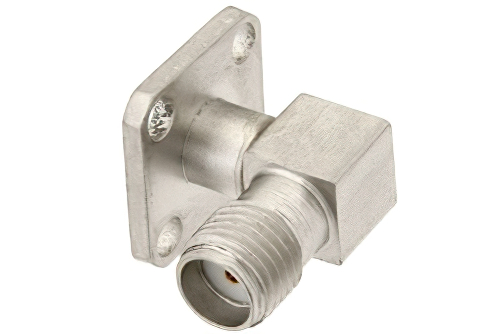 SMA Female Right Angle Field Replaceable Connector With EMI Gasket 4 Hole Flange Mount .018 inch Pin
