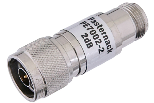 2 dB Fixed Attenuator, N Male to N Female Brass Nickel Body Rated to 1 Watt Up to 3 GHz