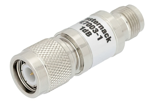 1 dB Fixed Attenuator, TNC Male to TNC Female Brass Nickel Body Rated to 1 Watt Up to 2 GHz