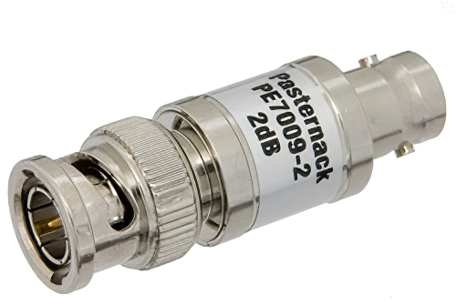 2 dB Fixed Attenuator, 75 Ohm BNC Male to 75 Ohm BNC Female Brass Nickel Body Rated to 1 Watt Up to 1,000 MHz