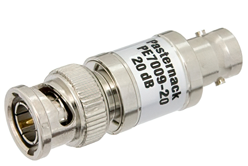 20 dB Fixed Attenuator, 75 Ohm BNC Male to 75 Ohm BNC Female Brass Nickel Body Rated to 1 Watt Up to 1,000 MHz
