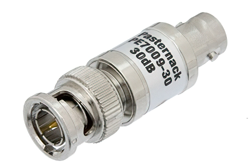 30 dB Fixed Attenuator, 75 Ohm BNC Male to 75 Ohm BNC Female Brass Nickel Body Rated to 1 Watt Up to 1,000 MHz