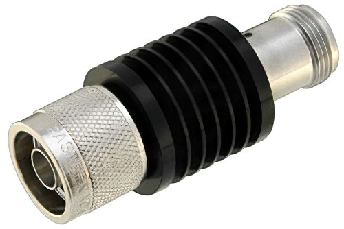 2 dB Fixed Attenuator, N Male to N Female Black Anodized Aluminum Heatsink Body Rated to 10 Watts Up to 2 GHz