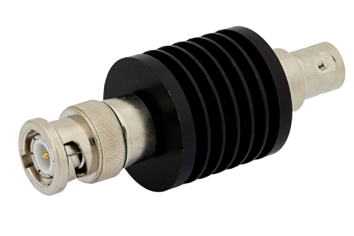 10 dB Fixed Attenuator, BNC Male to BNC Female Black Anodized Aluminum Heatsink Body Rated to 10 Watts Up to 2 GHz