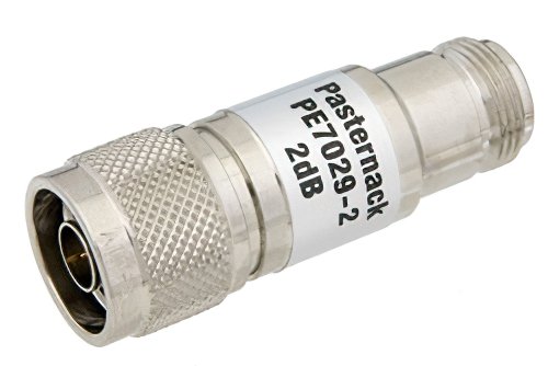 2 dB Fixed Attenuator, 75 Ohm N Male to 75 Ohm N Female Brass Nickel Body Rated to 1 Watt Up to 1,000 MHz