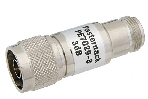 3 dB Fixed Attenuator, 75 Ohm N Male to 75 Ohm N Female Brass Nickel Body Rated to 1 Watt Up to 1,000 MHz