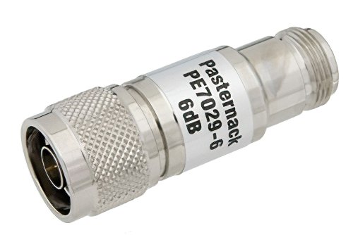 6 dB Fixed Attenuator, 75 Ohm N Male to 75 Ohm N Female Brass Nickel Body Rated to 1 Watt Up to 1,000 MHz