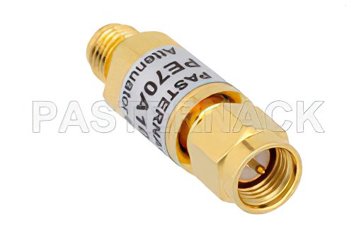 6 dB Fixed Attenuator, SMA Male to SMA Female Copper Body Rated to 2 Watts From 0.009 MHz to 6 GHz