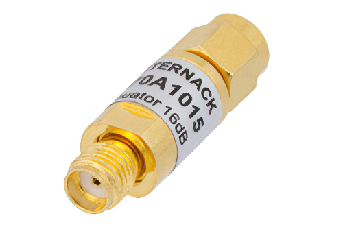 16 dB Fixed Attenuator, SMA Male to SMA Female Brass Body Rated to 2 Watts From 0.009 MHz to 6 GHz