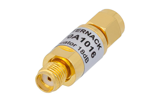 18 dB Fixed Attenuator, SMA Male to SMA Female Brass Body Rated to 2 Watts From 0.009 MHz to 6 GHz