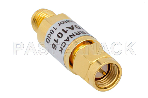 18 dB Fixed Attenuator, SMA Male to SMA Female Brass Body Rated to 2 Watts From 0.009 MHz to 6 GHz