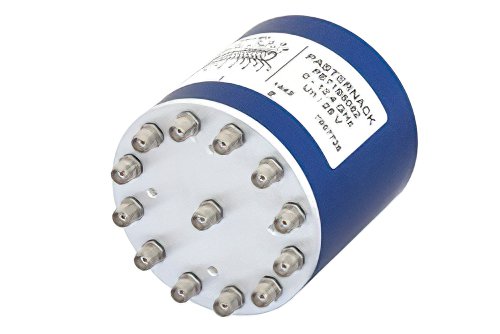 SP12T Electromechanical Relay Latching Switch, Terminated, DC to 12.4 GHz, up to 240W, 28V Self Cut Off, Auto Reset, Indicators, Diodes, SMA