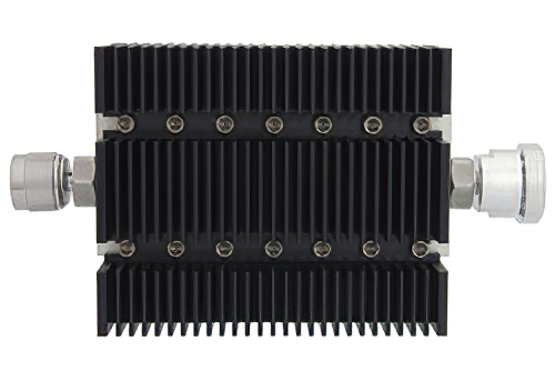 3 dB Fixed Attenuator, N Male To 7/16 DIN Female Directional Black Anodized Aluminum Heatsink Body Rated To 100 Watts Up To 6 GHz