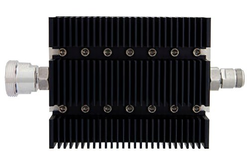 60 dB Fixed Attenuator, 7/16 DIN Female To N Female Directional Black Anodized Aluminum Heatsink Body Rated To 100 Watts Up To 6 GHz