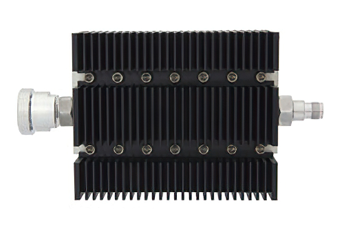 3 dB Fixed Attenuator, 7/16 DIN Female To TNC Female Directional Black Anodized Aluminum Heatsink Body Rated To 100 Watts Up To 6 GHz