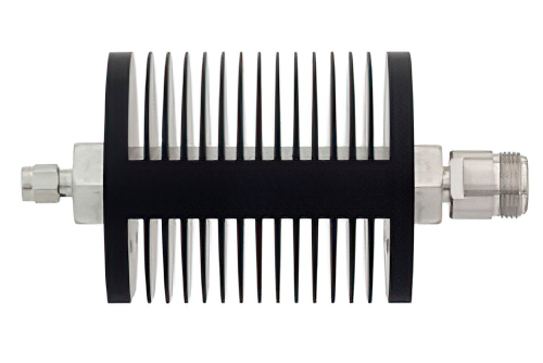 3 dB Fixed Attenuator, SMA Male to N Female Black Anodized Aluminum Heatsink Body Rated to 25 Watts Up to 18 GHz