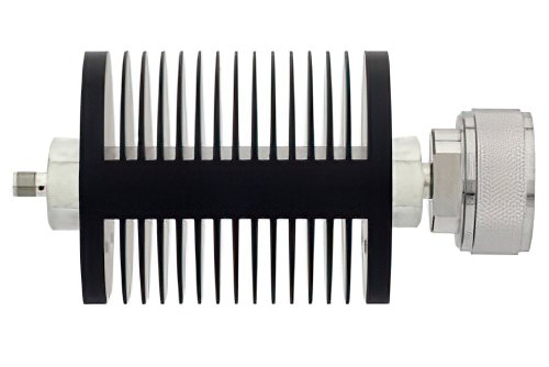 10 dB Fixed Attenuator, SMA Female to 7/16 DIN Male Black Anodized Aluminum Heatsink Body Rated to 25 Watts Up to 7.5 GHz