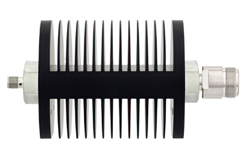 20 dB Fixed Attenuator, SMA Female to N Female Black Anodized Aluminum Heatsink Body Rated to 25 Watts Up to 18 GHz