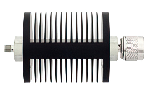 3 dB Fixed Attenuator, SMA Female to N Male Black Anodized Aluminum Heatsink Body Rated to 25 Watts Up to 18 GHz