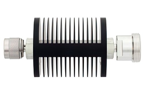 3 dB Fixed Attenuator, N Male to 7/16 DIN Female Black Anodized Aluminum Heatsink Body Rated to 25 Watts Up to 7.5 GHz