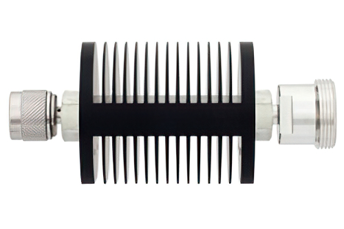 6 dB Fixed Attenuator, N Male to 7/16 DIN Female Black Anodized Aluminum Heatsink Body Rated to 25 Watts Up to 7.5 GHz