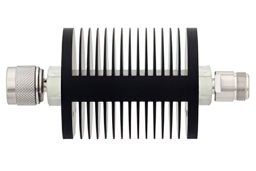 3 dB Fixed Attenuator, N Male to N Female Black Anodized Aluminum Heatsink Body Rated to 25 Watts Up to 18 GHz