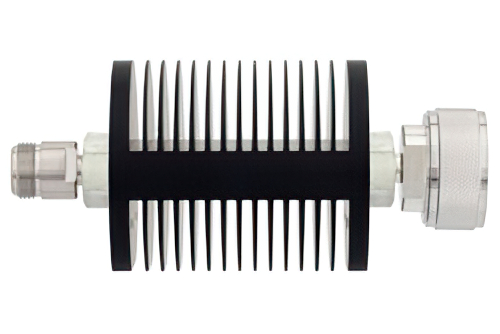 6 dB Fixed Attenuator, N Female to 7/16 DIN Male Black Anodized Aluminum Heatsink Body Rated to 25 Watts Up to 7.5 GHz