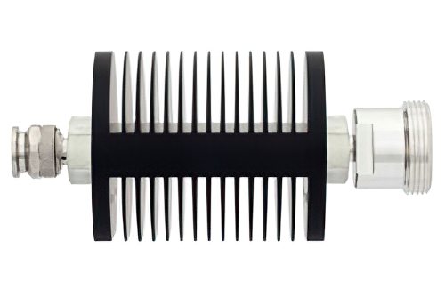 50 dB Fixed Attenuator, TNC Male to 7/16 DIN Female Black Anodized Aluminum Heatsink Body Rated to 25 Watts Up to 6 GHz