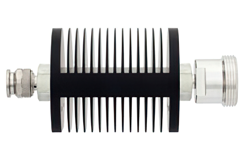 6 dB Fixed Attenuator, TNC Male to 7/16 DIN Female Black Anodized Aluminum Heatsink Body Rated to 25 Watts Up to 7.5 GHz