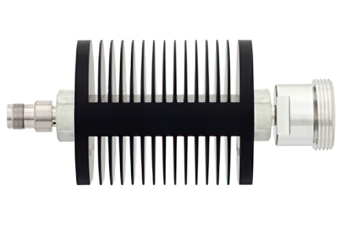 6 dB Fixed Attenuator, TNC Female to 7/16 DIN Female Black Anodized Aluminum Heatsink Body Rated to 25 Watts Up to 7.5 GHz