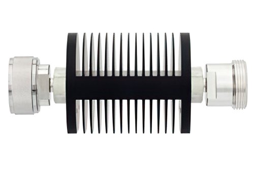3 dB Fixed Attenuator, 7/16 DIN Male to 7/16 DIN Female Black Anodized Aluminum Heatsink Body Rated to 25 Watts Up to 7.5 GHz