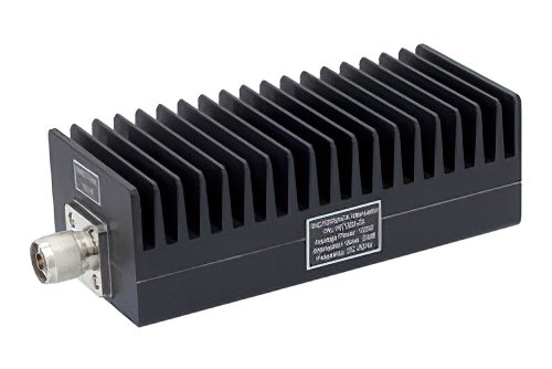 20 dB Fixed Attenuator, N Male to N Female Black Anodized Aluminum Heatsink Body Rated to 100 Watts Up to 3 GHz